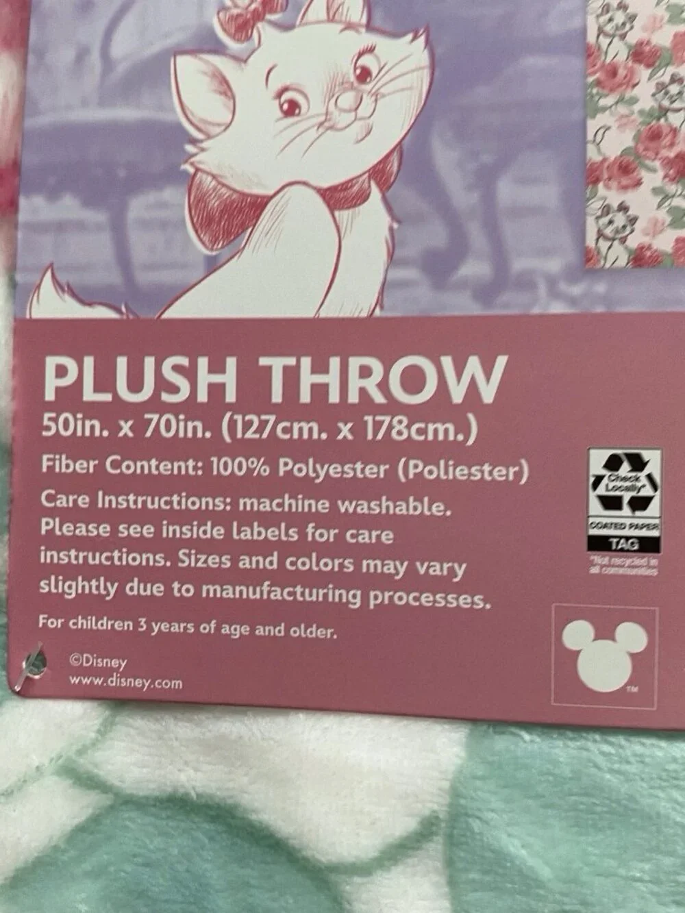 Disney Aristocats Marie Kitten Pink Roses Soft Throw Blanket‎ 50” X 70” NEW